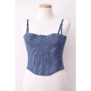 Dusty Blue Lace Corset Bustier Top – Underwire Longline – Medium